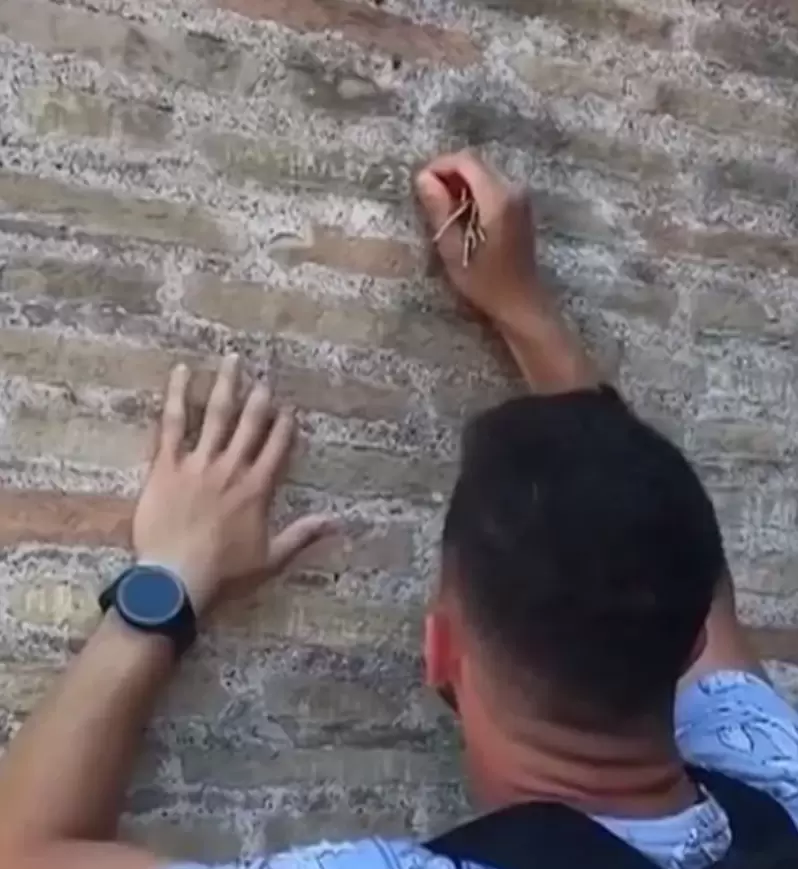 turista italiano escribiendo una pared en el coliseo romano