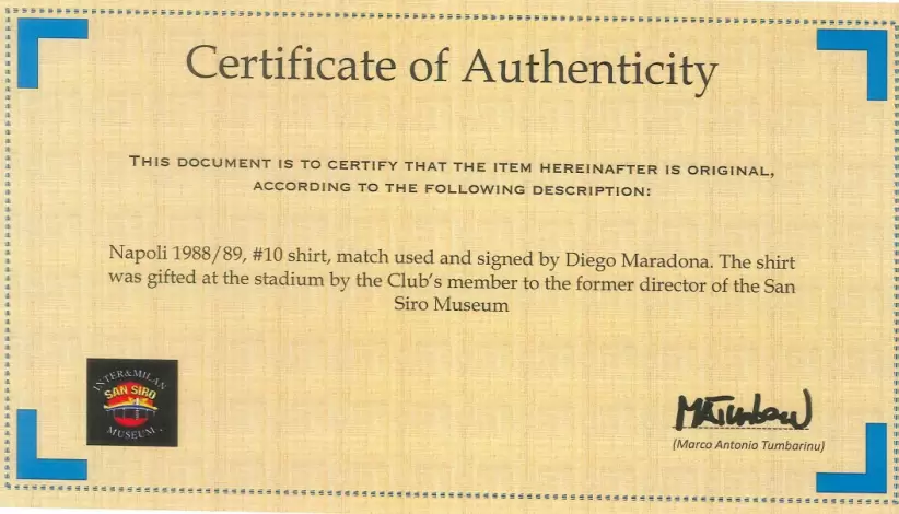 El certificado de autenticidad de la camiseta