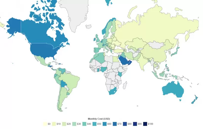 Precios de Internet en el mundo (Fuente World Population Review)
