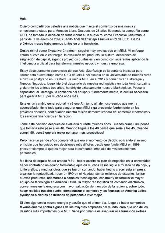 Galperín anunció su decisión con una carta que publicó en sus redes sociales