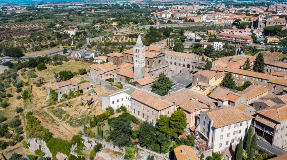 Aerial view of Viterbo, with piazza San Lorenzo, Viterbo Cathedral and the Palac