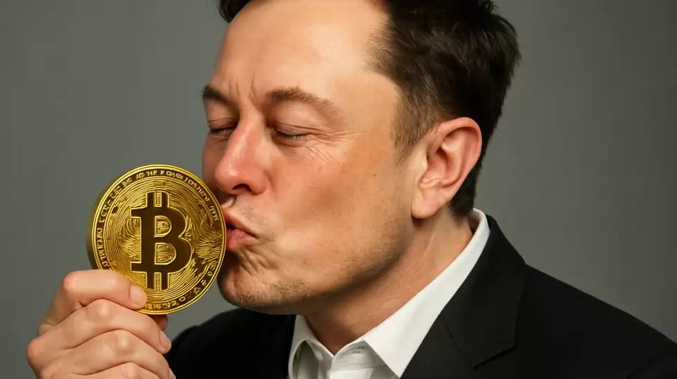 Elon Musk besando un Bitcoin