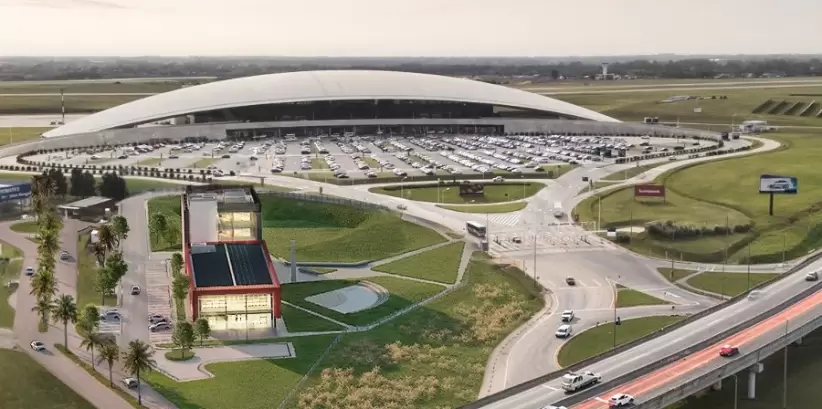 Imagen area de Aeropuerto de Carrasco con render de centro TUMO Uruguay. Fuente: Gentileza Corporacin Amrica.