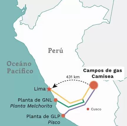 Mapa de los campos de Camisea y las plantas de GNL y GLP de Perú