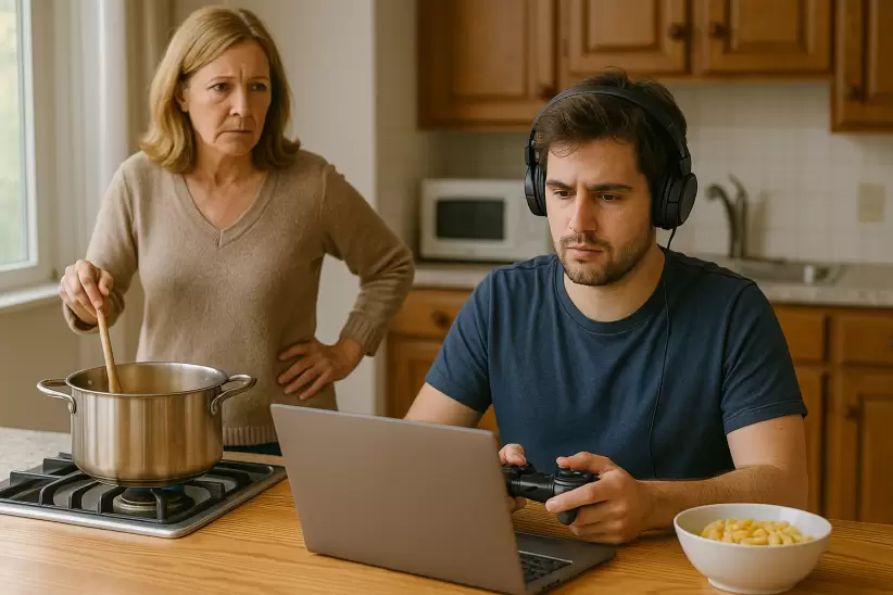 hijo concentrado, madre preocupada en cocina - Millennials viviendo con sus padres - Independencia - Independencia econmica - Teletrabajo - Homeoffic