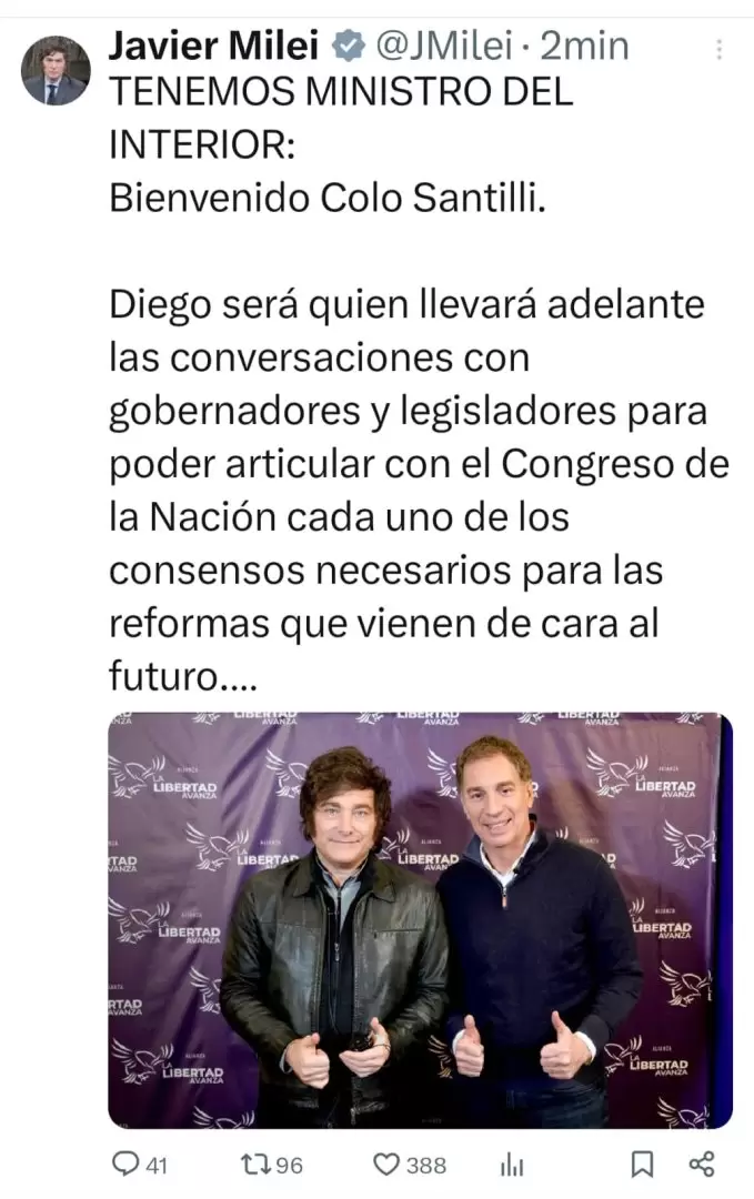 milei anuncia a santilli como ministro