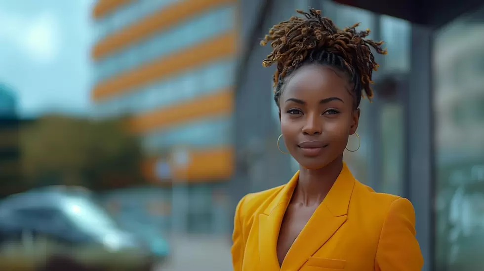 mujer, negro, smoking, amarillo, emprendedor, profesional, corporativo, joven, p