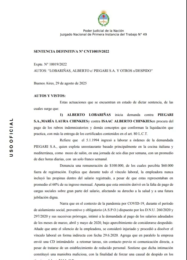 "LOBARIAS, ALBERTO c/ PIEGARI S.A. Y OTROS s/DESPIDO"