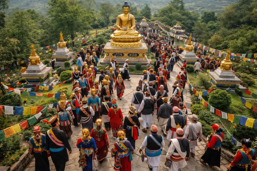 Imagen ilustrativa del Parque del Buda Konjyosom durante Sonam Lhosar en Bhardeu, Lalitpur, Nepal (Imagen creada con IA)