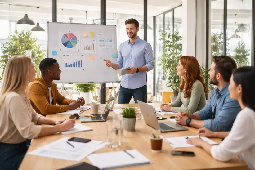 Reunión de equipo en oficina moderna: oficinas, empresas, equipo de trabajo, reuniones (Imagen creada con IA)