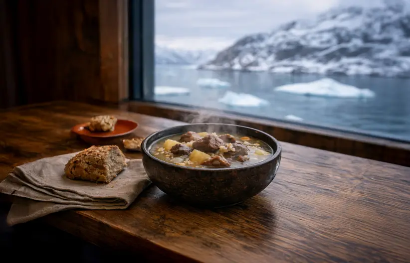 Suaasat, considerada la sopa nacional de Groenlandia, se prepara con carne —generalmente de foca o reno— y responde a una cocina pensada para el clima
