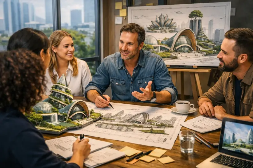 Reunión creativa arquitectos. Foto: Copilot.