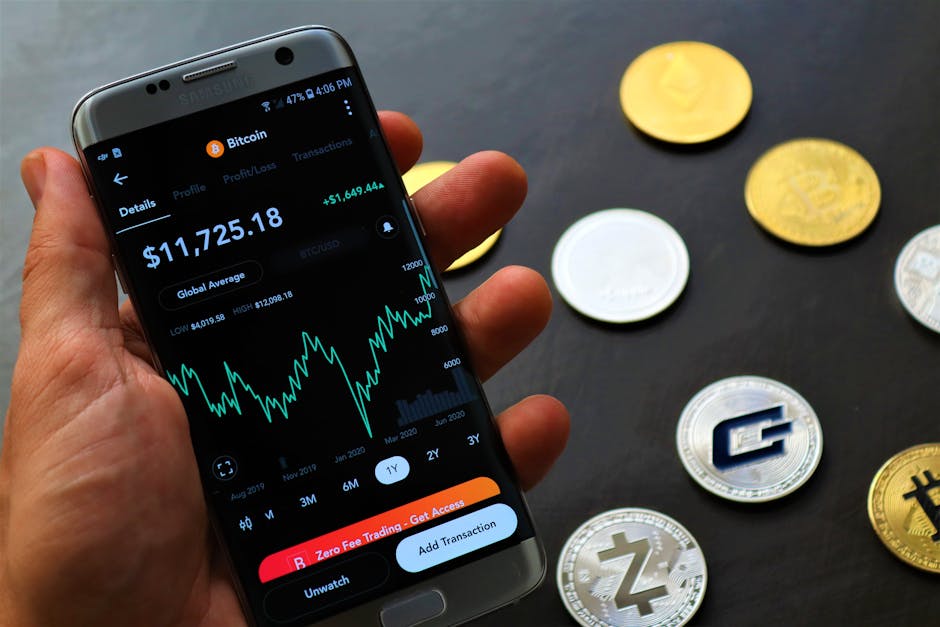 Imagen ilustrativa de criptomonedas y una aplicación móvil