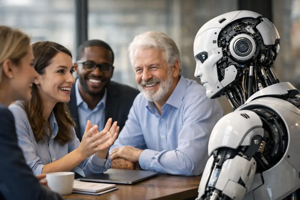 Oficina, reunión de trabajo, inteligencia artificial, empleados, habilidades - Imagen creada con IA