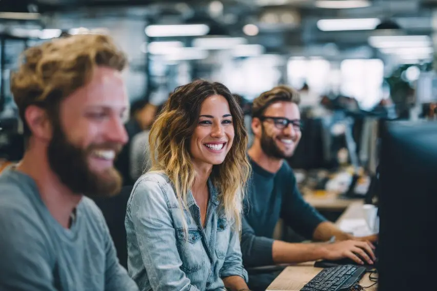 ai generado, negocio, oficina, equipo, contento, creativo, laboral, colaboración, mujer, empleados felices, oficina creativa, trabajando juntos, tecno