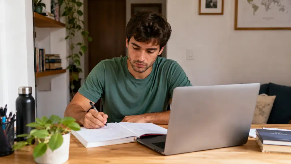 Homeoffice, persona estudiando, computadora (Imagen creada con IA)
