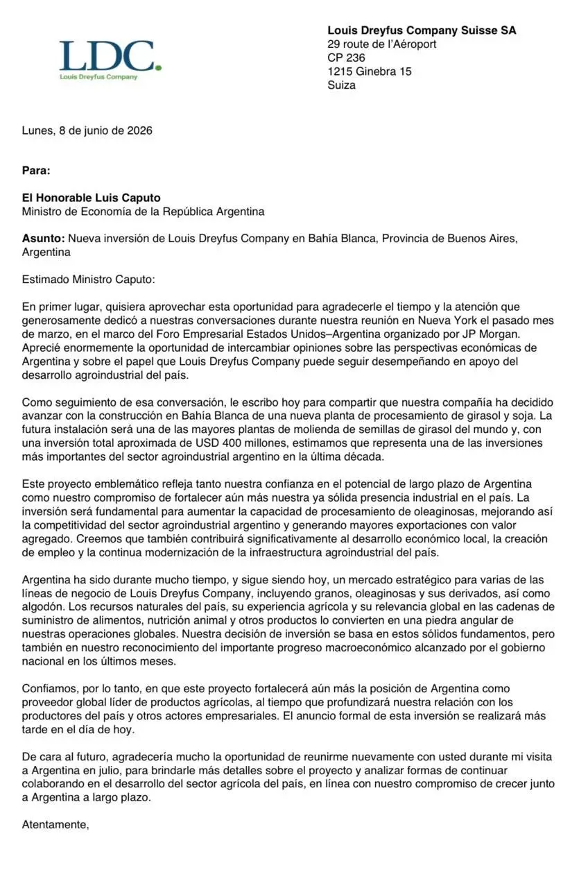 Carta completa de Louis Dreyfus Company a Luis Caputo