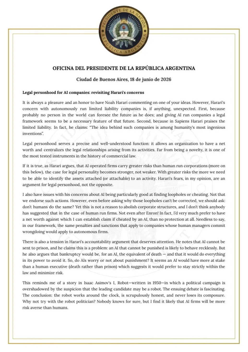 Presidencia divulgó la respuesta de Javier Milei a Harari (Fuente: Presidencia)