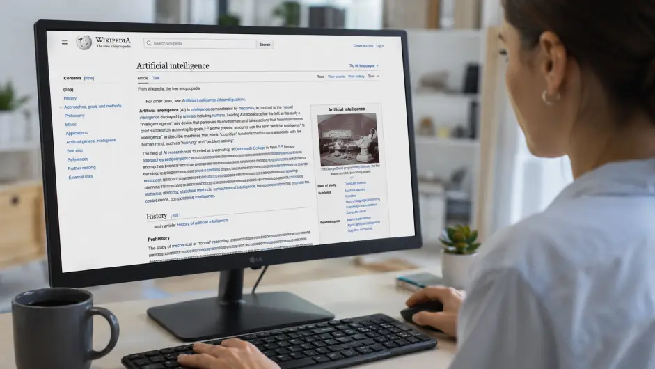 Persona buscando wn Wikipedia (SE PUEDE USAR) Imagen creada con IA