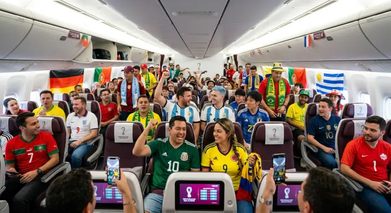 SE PUEDE USAR/Hinchas volando para ver la Copa del Mundo Foto: Ilustración creada con IA
