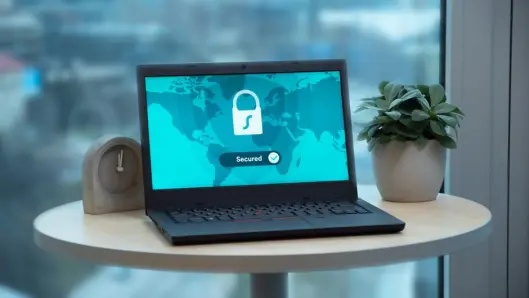 Portátil mostrando un ícono de candado de seguridad en una mesa con una planta en maceta y un reloj. (Foto: Pexels)