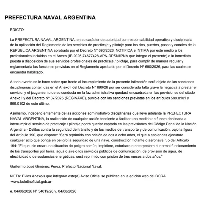 Edicto en el Boletín Oficial elaborado por Prefectura Naval Argentina.