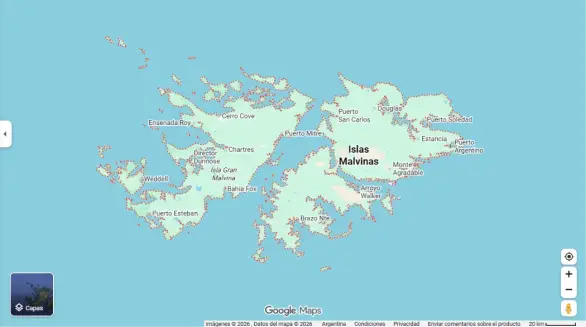 Las Islas Malvinas en Google Maps. Imagen: Google Maps