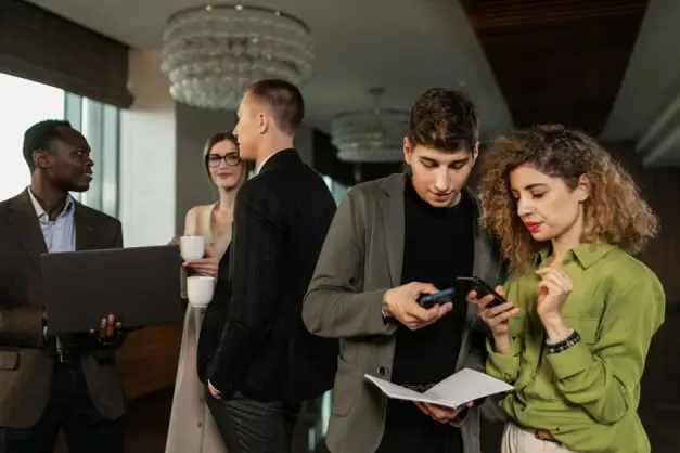 Grupo de profesionales de negocios diversos haciendo networking en interiores con smartphones y café. (Foto: Pexels)