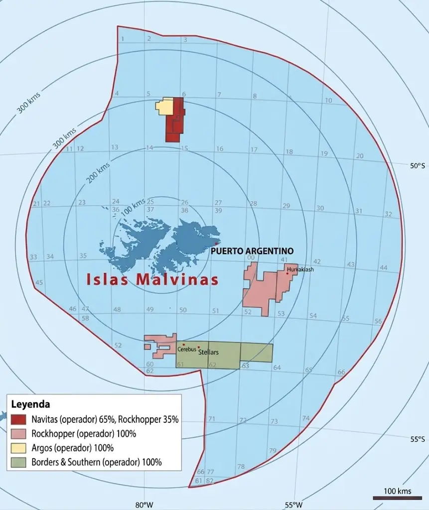 Mapa de las Islas Malvinas y los bloques que se están explorando