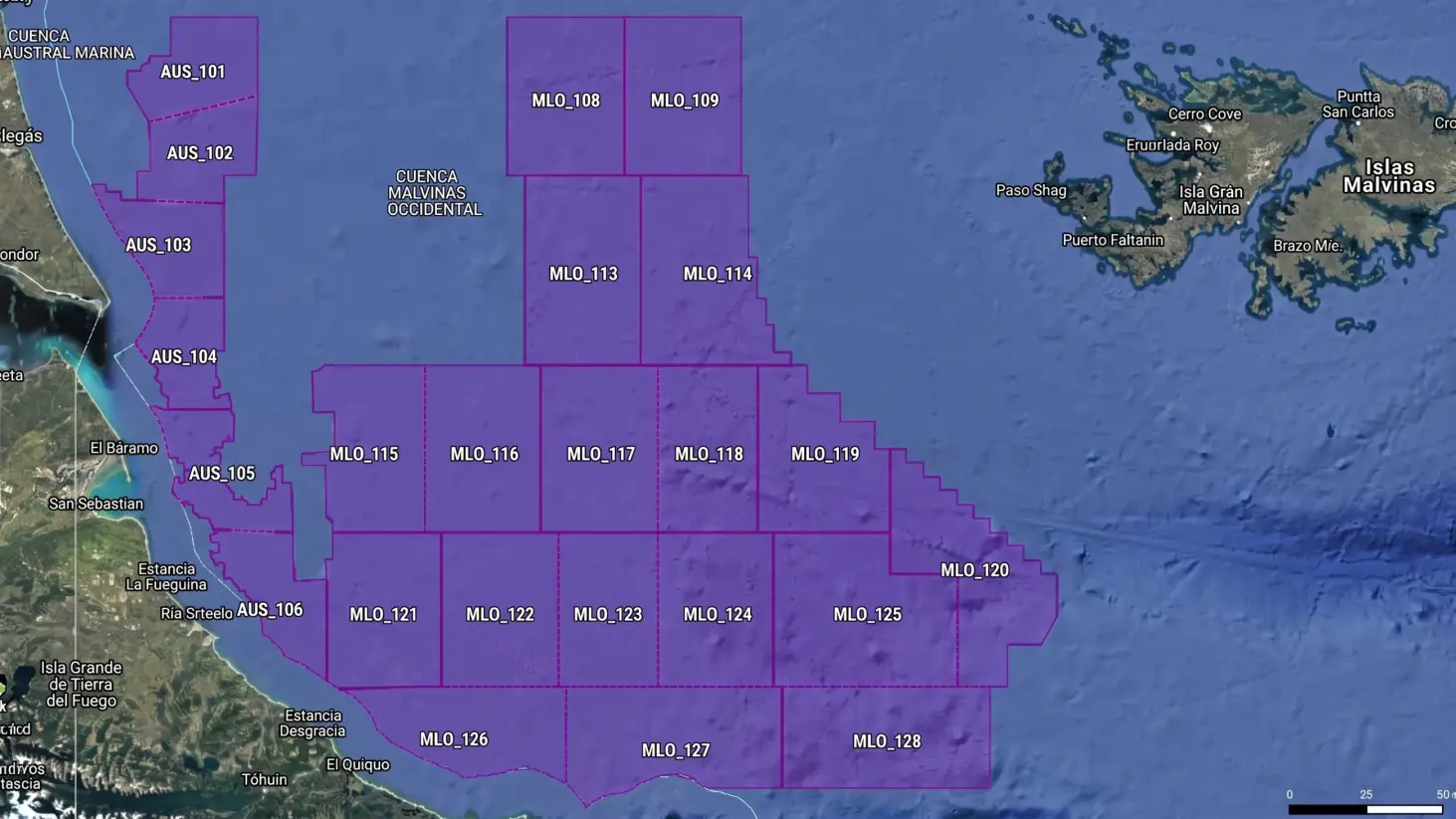 Mapa cuenca austral y Malvinas Oeste. Generada por IA.