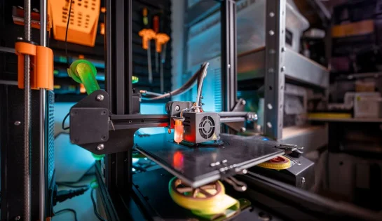 Vista detallada de una impresora 3D trabajando activamente en un entorno de taller, mostrando tecnología moderna.