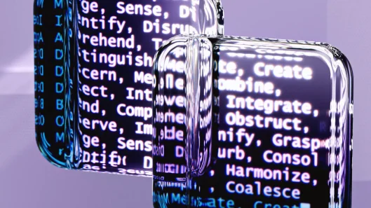 Superficies de vidrio abstractas que reflejan texto digital crean una atmósfera tecnológica misteriosa.
