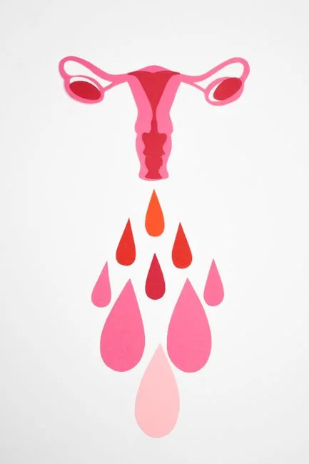 Representación gráfica del sistema reproductivo femenino destacando la menstruación con formas abstractas coloridas.