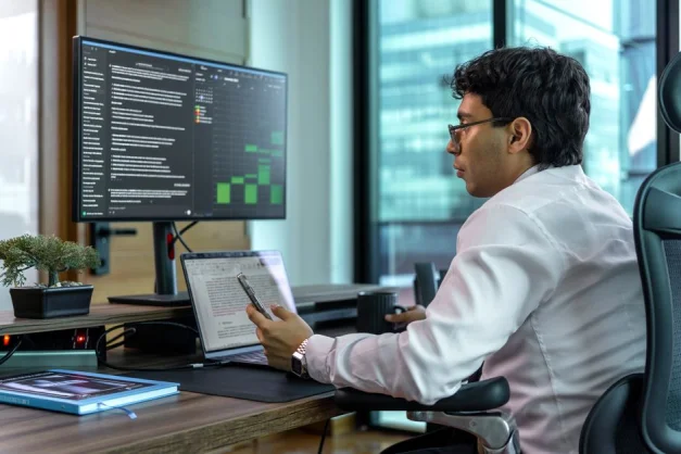 Un empresario se concentra en el análisis de datos utilizando una configuración de doble monitor en un entorno de oficina moderno.