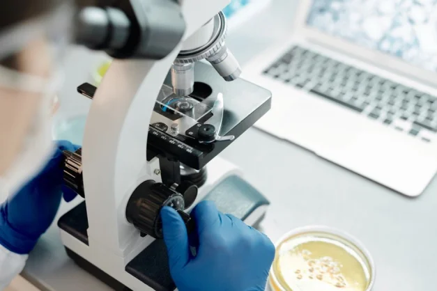 Investigador analizando muestras biológicas bajo un microscopio en un laboratorio.