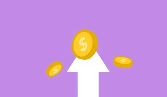 Ilustración de éxito financiero con monedas ascendiendo contra un vibrante fondo púrpura que ilustra crecimiento.