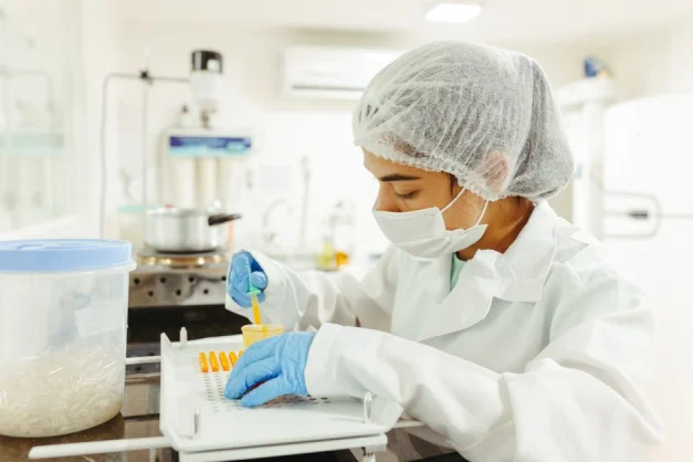 Un científico con equipo de protección realiza un experimento meticuloso en un entorno de laboratorio.