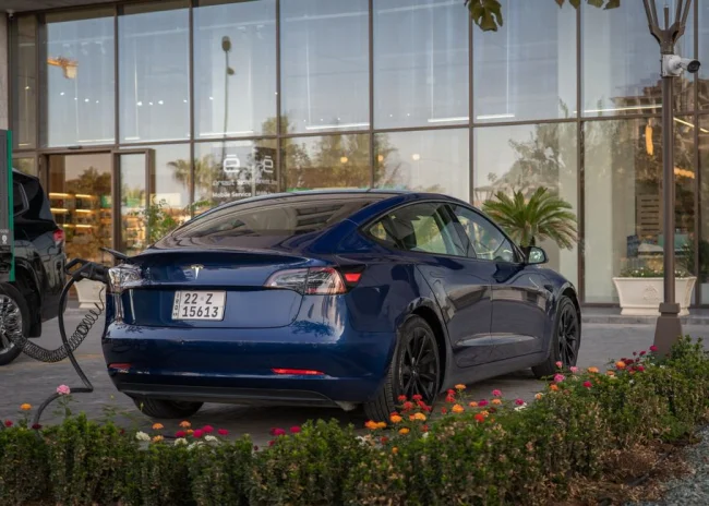 Un Tesla Model 3 azul cargándose en una estación rodeada de flores en un entorno soleado.