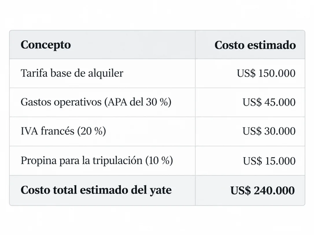 Tabla de costos estimados de un yate. - Foto: creada con IA.